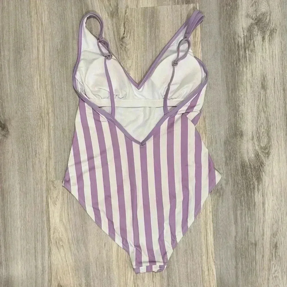 Kona Sol Purple Stripe V Neck Low Back High Leg One Piece Swimsuit Size L